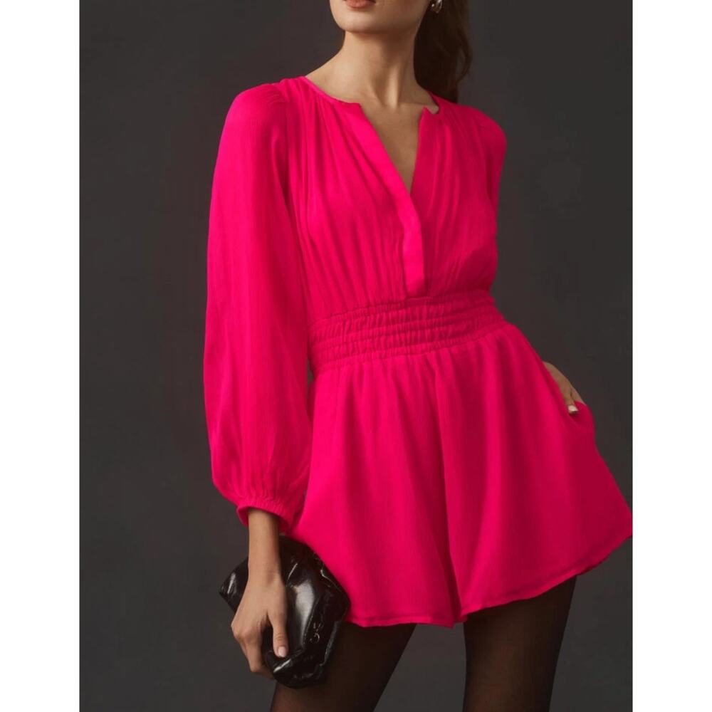 Anthropologie The Somerset V-Neck Long Sleeve Short Romper Hot Pink Medium